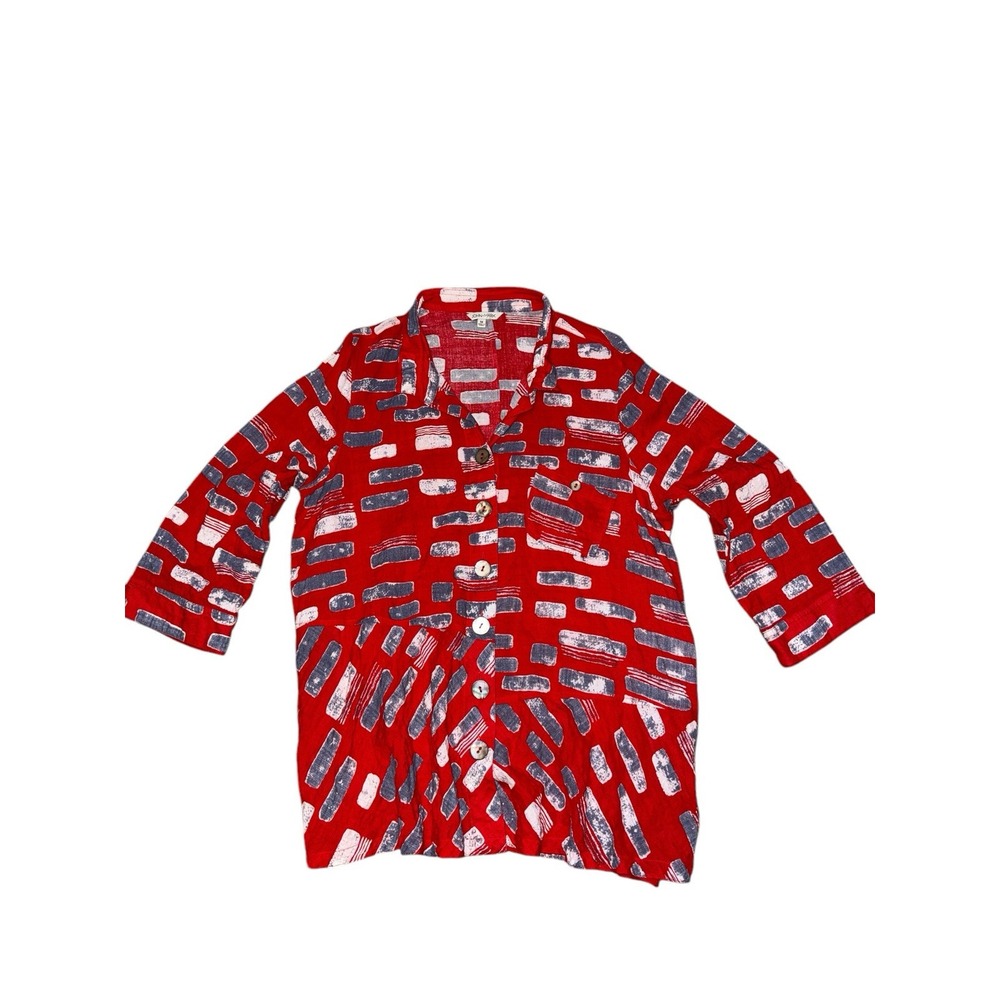 John Mark Wired Collar Tunic Shirt 1X Red 3/4 Sleeve‎ Pockets Artsy Abstract